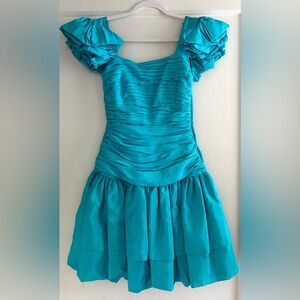 Vintage Tadashi Neiman Marcus 80's 90's Aqua Blue Taffeta Ruffle Dress Size 4